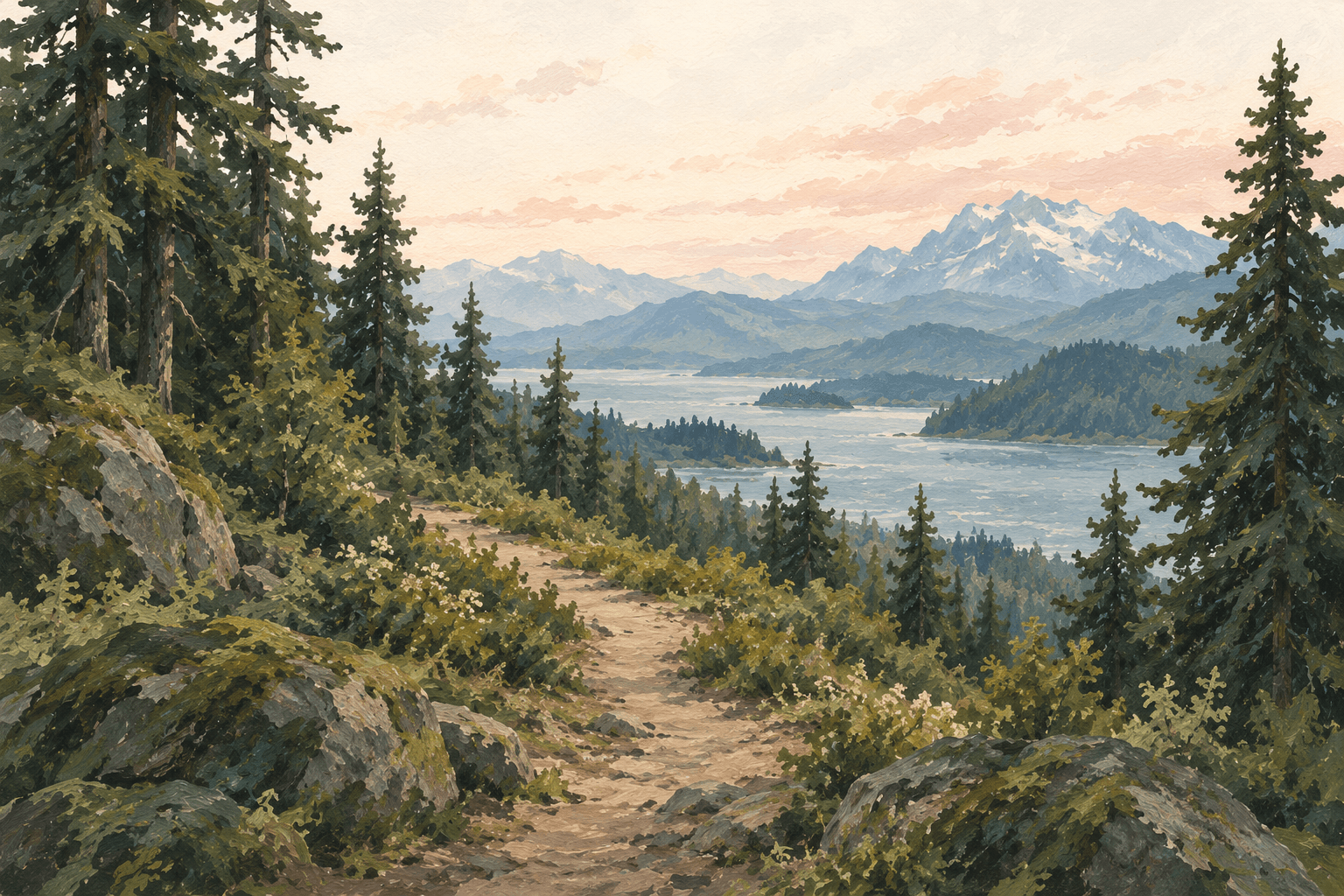 Gouache illustration of an evergreen trail opening toward a Northwest lake