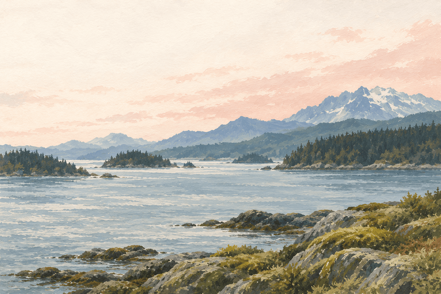 Gouache illustration of a quiet Northwest shoreline and wooded islands